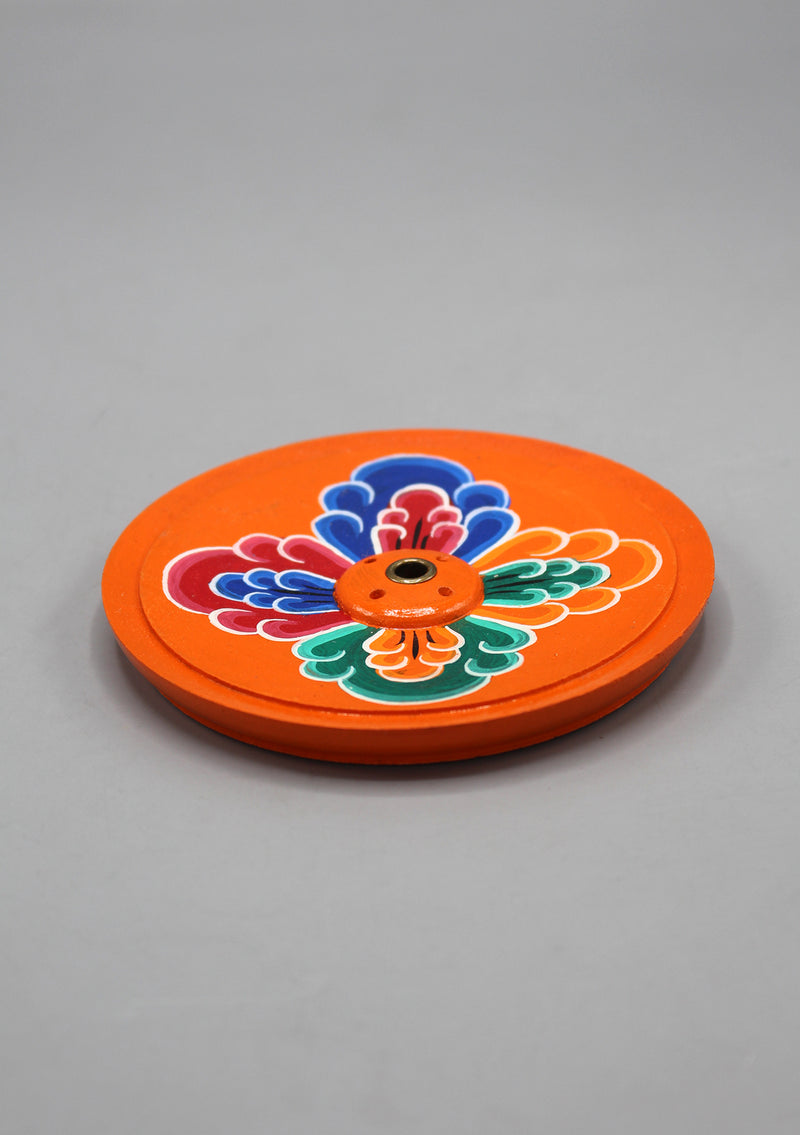 Flower Painted Orange Round Wooden Incense Burner