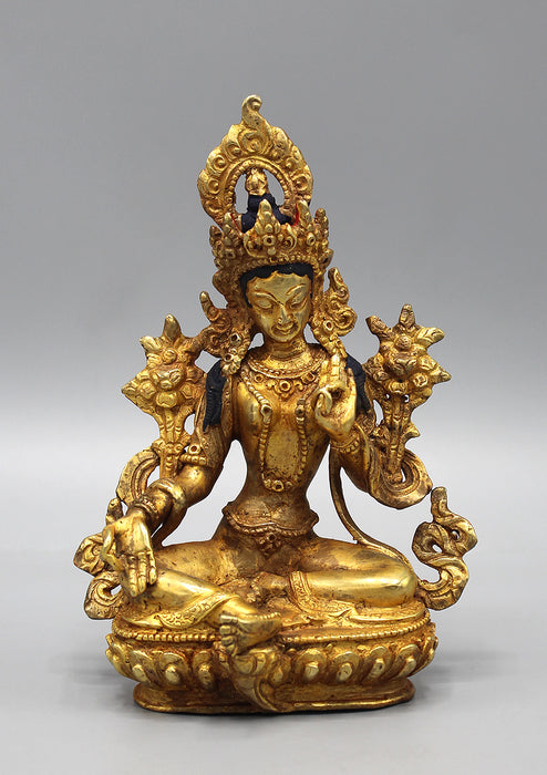 Exquisite Gold Plated Green Tara Statue 6"