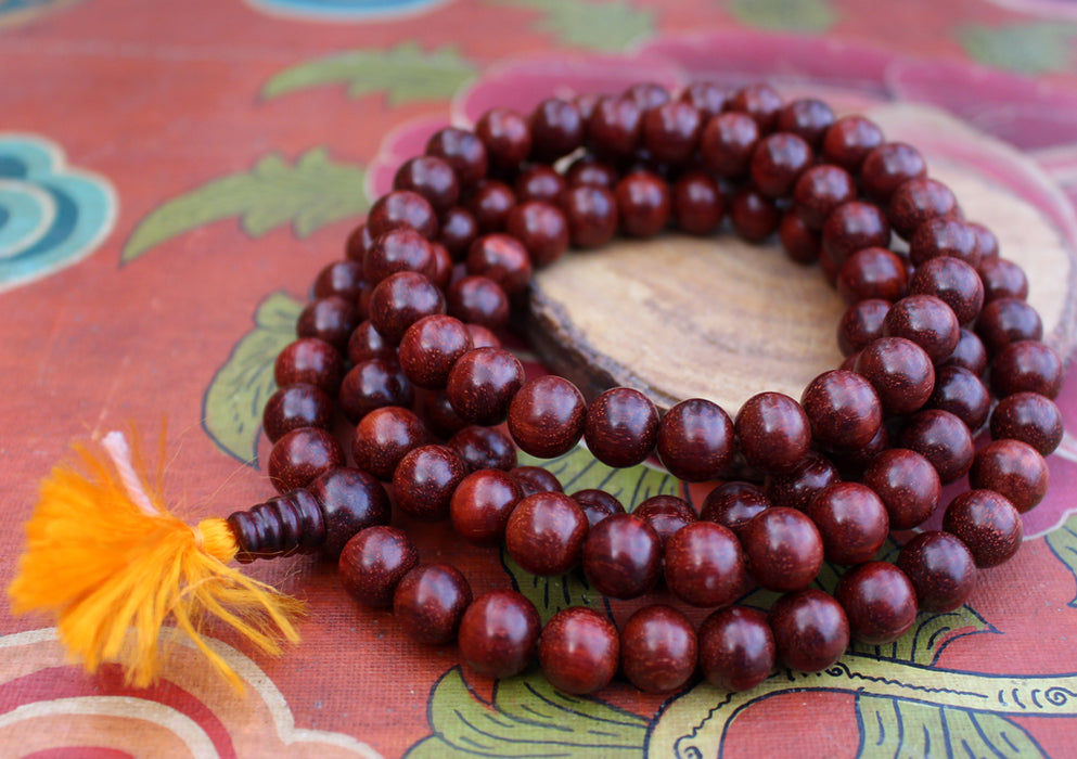 10 mm Red Rosewood Beads Mala with Orange Tassel - nepacrafts