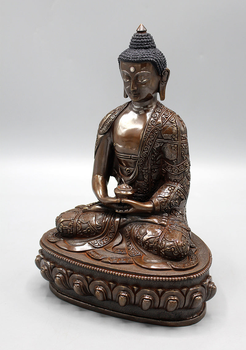 Copper Oxidized Amitabha Buddha Statue with Conch Carved