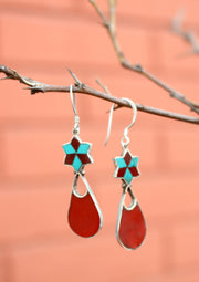 Flower Drop Inlaid Turquoise and Coral Dangle Silver Earrings - nepacrafts