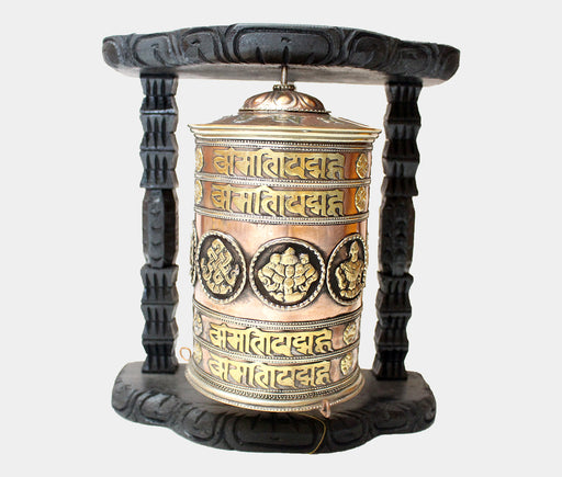 Large Copper Prayer Wheel with Wooden Wall Frame - nepacrafts