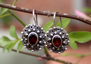 Round Silver Carving Flower Earrings with Garnet Inlays - nepacrafts