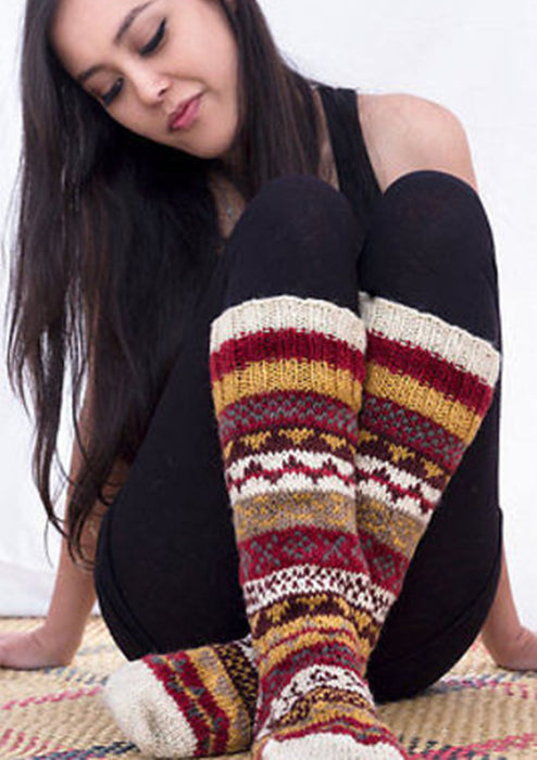 Maroon & Cream Warm and Cozy Hand Knitted Knee High Socks