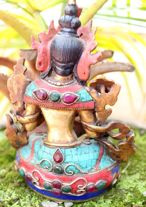 6" High Glowing Green Tara Statue with Inlaid Turquoise - nepacrafts