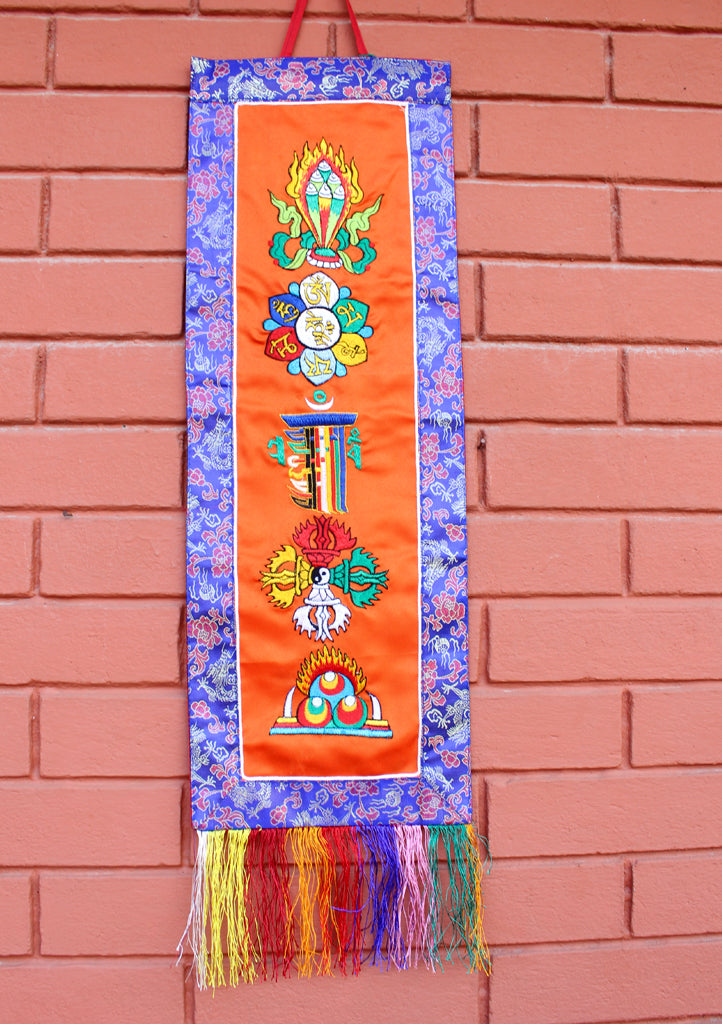 Tibetan Five Symbol Embroidered Polyester Wall Hanging Banner - nepacrafts