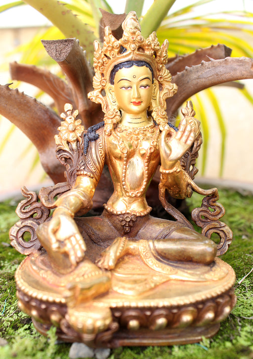 Exquisite Gold Plated Green Tara Statue 6" - nepacrafts