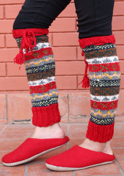 Bright Red Border Multicolor Woolen Legwarmers with Knitted Lace - nepacrafts