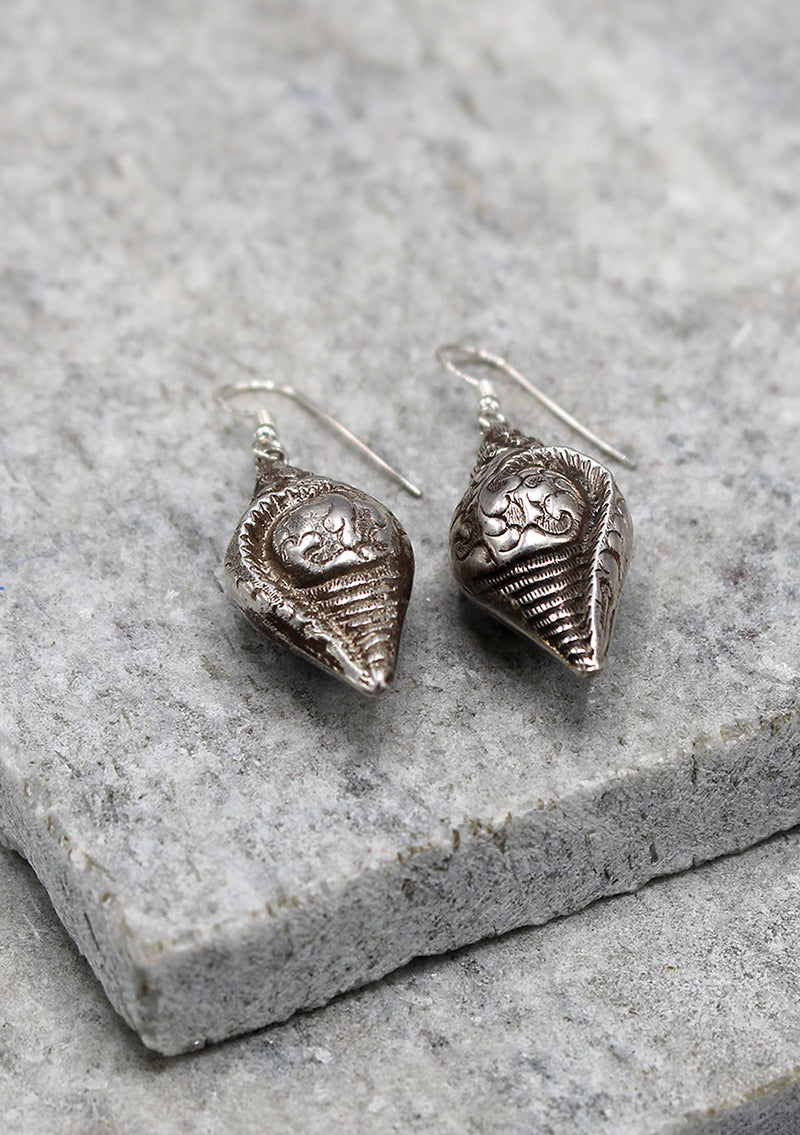 Tibetan Lucky Symbol Conch Shaped Sterling Silver Earrings