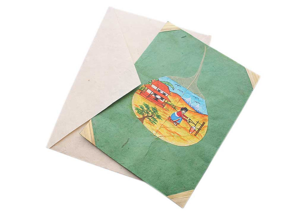 A Tradition Nepali House and Woman Painted Lokta Paper Greetings Card - nepacrafts