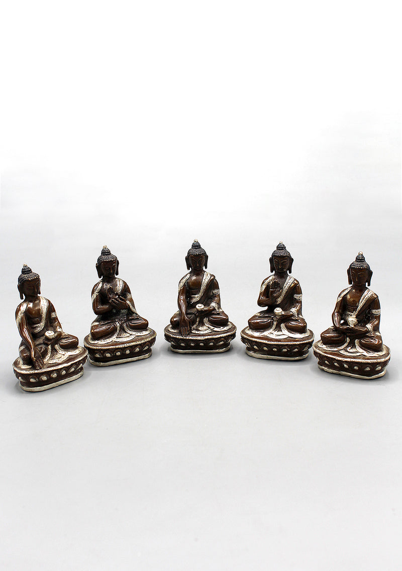 Copper Five Dhyani Buddhas with Silver Robe Statue, Panchha Buddha Statue