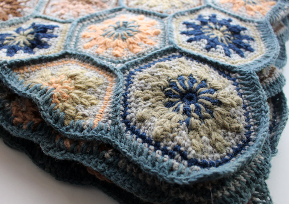 Large Hexagon Motif Pattern Hand Crochet Bluish-Gray Edges Multicolor Woolen Blanket - nepacrafts