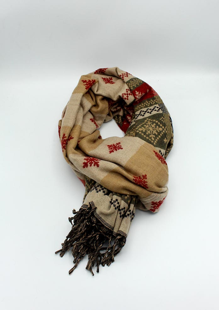 Red and Brown Snowflake Design Multi Color Large Yak Wool Shawl