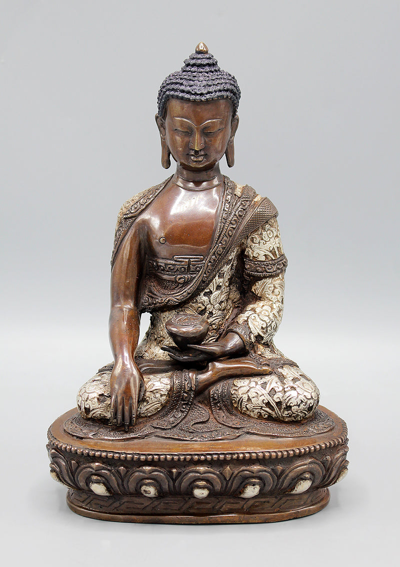 Flower Carving Copper Oxidized Shakyamuni Buddha Silver Inlaid Statue