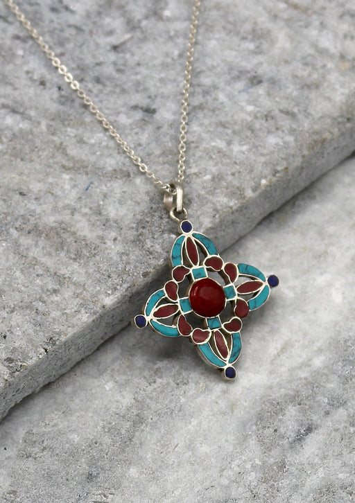 Coral and Turquoise Double Dorjee Sterling Silver Pendant - nepacrafts