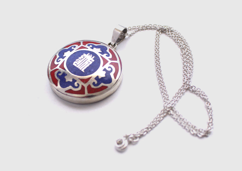 Tibetan Kalachakra and Mandala Painted White Metal Pendant - nepacrafts