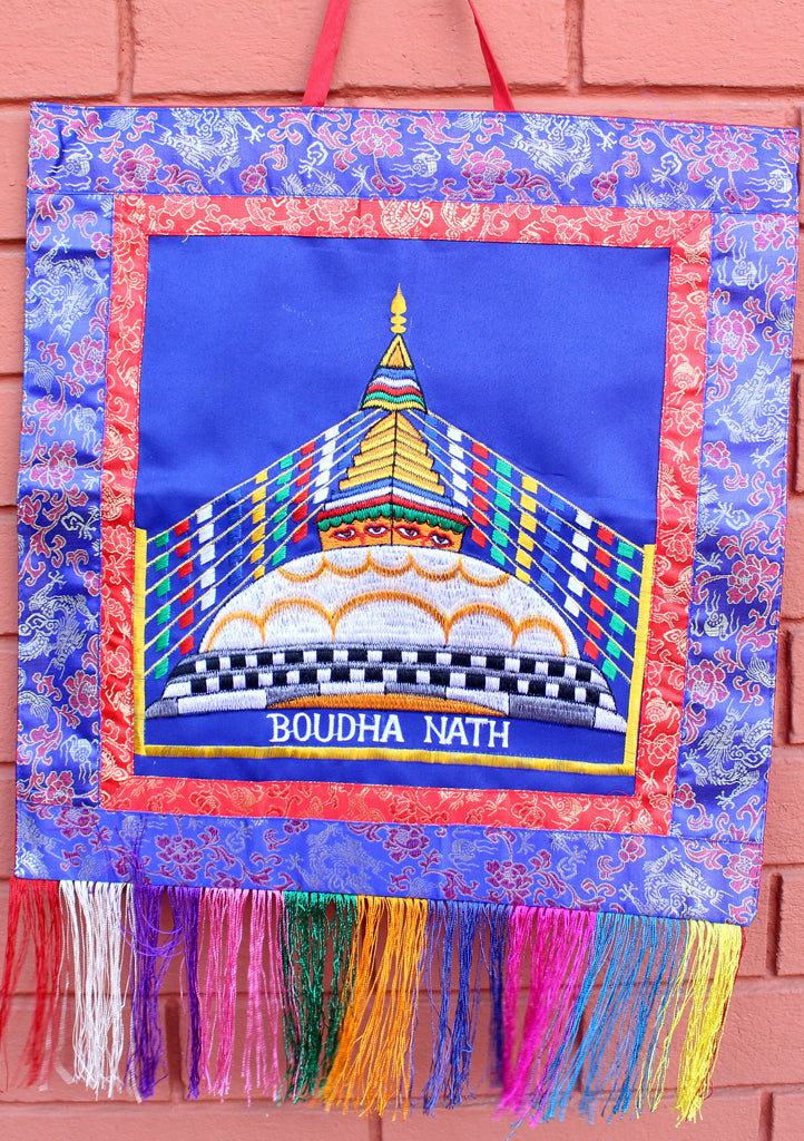 Finely Embroidered Bouddhanath StupaTibetan Wall Hanging Banner - nepacrafts