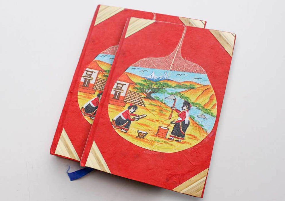 Two Women Working in Village Painted Lokta Paper Journal Book - nepacrafts