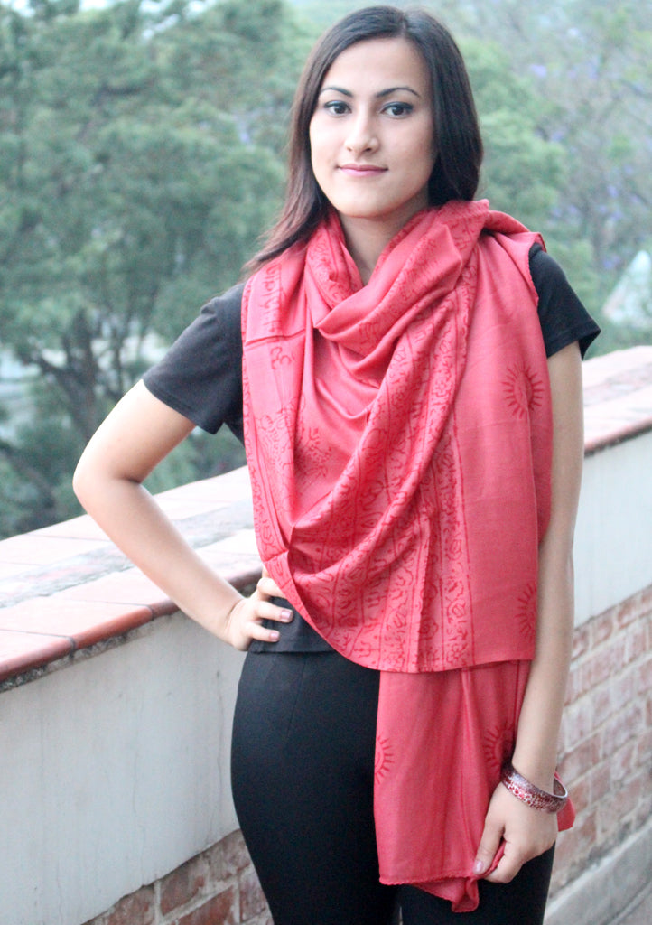 Hindu Om Printed Coral Brown Cotton Shawl From Nepal - nepacrafts