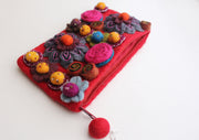 Colorful Flower Beaded Red Felt Clutch Purse - nepacrafts