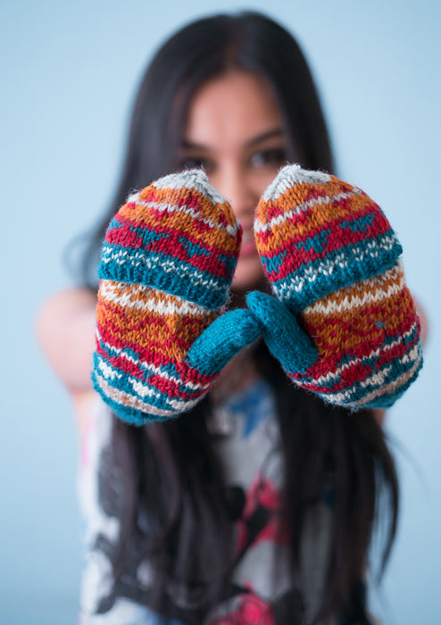 Hand knit Multicolor Woolen Convertible Mittens (Blue Mix WO24G)