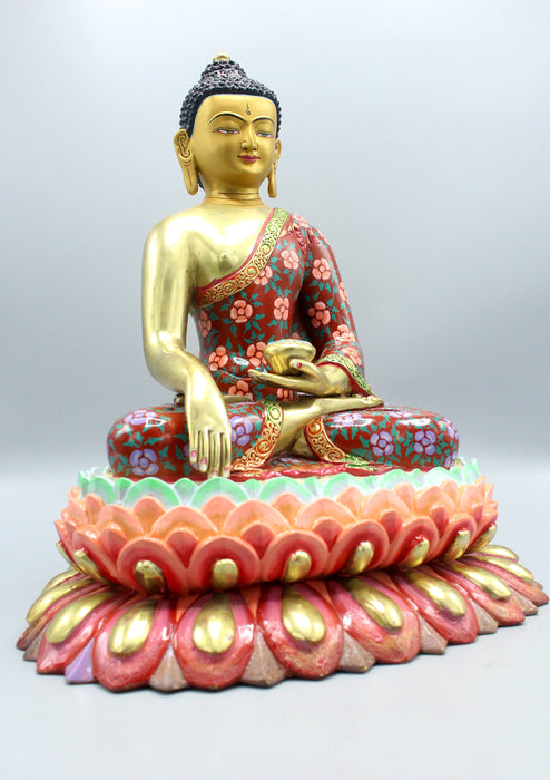 Artistically Painted Gold Plated Shakyamuni Buddha Statue with Floral Design