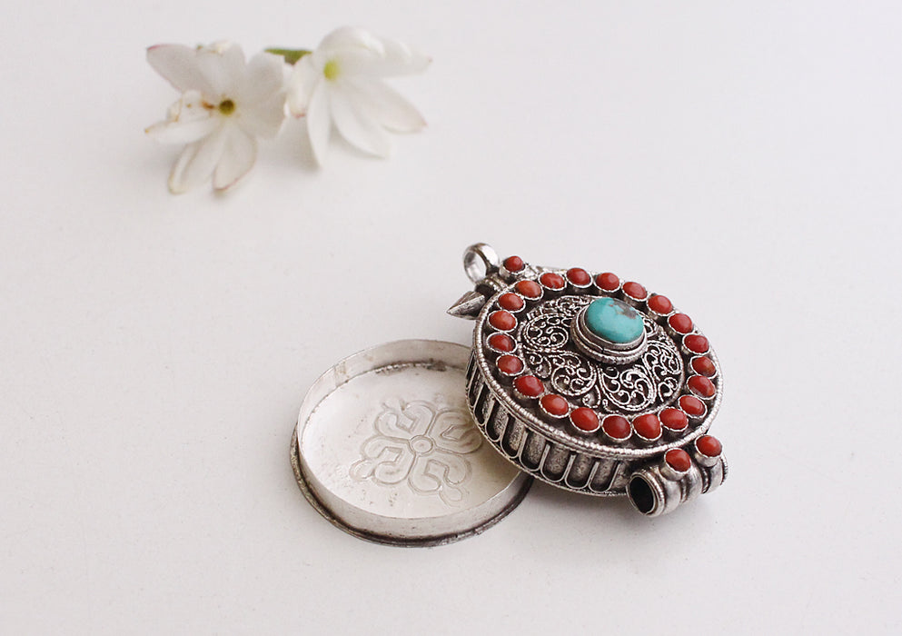 Round Tibetan Buddhist Silver Sterling Ghau Pendant with Resin Coral and Turquoise - nepacrafts