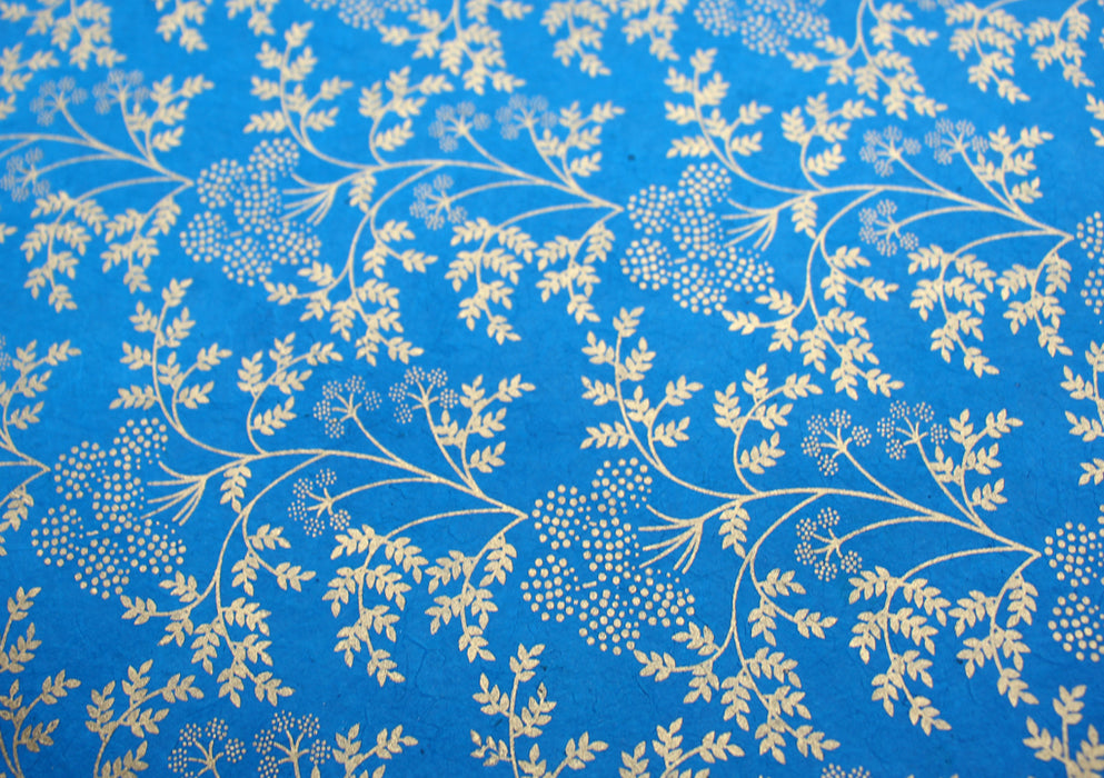 Beautiful Blue Color Golden Flower Printed Lokta Paper Gift Wrapping Sheets - nepacrafts