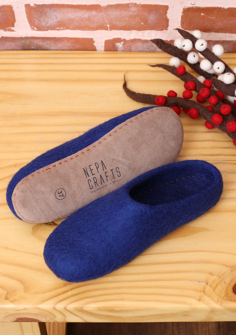Handmade Steel Blue Classic Felt Slippers