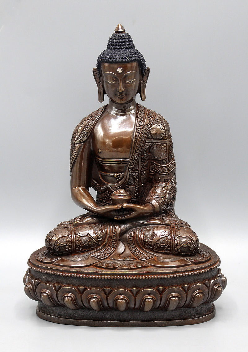 Copper Oxidized Amitabha Buddha Statue with Conch Carved
