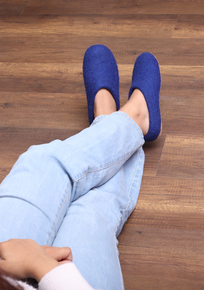 Handmade Steel Blue Classic Felt Slippers