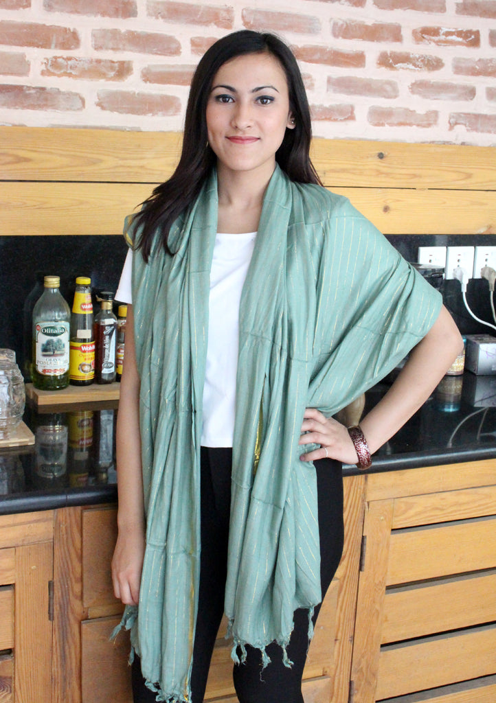 Light Green Cotton Plain Jari Scarf From Nepal - nepacrafts