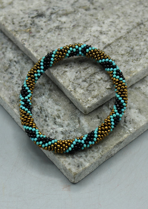 Gold, Black & Blue Beads Nepalese Roll on Bracelet
