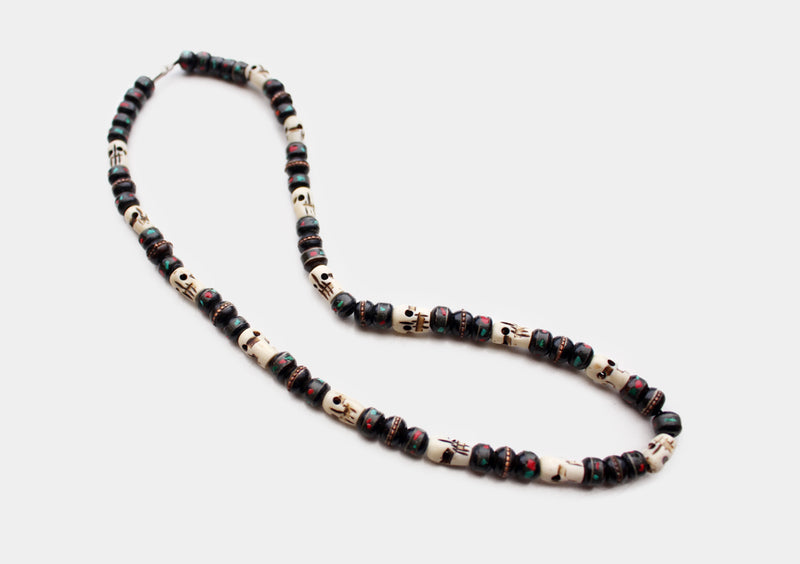 Black Bone Turquoise and Coral Inlaid Mala with Skull Counter - nepacrafts