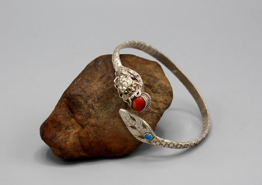 Coral Inlaid Dragon Carving Sterling Silver Bracelet - nepacrafts
