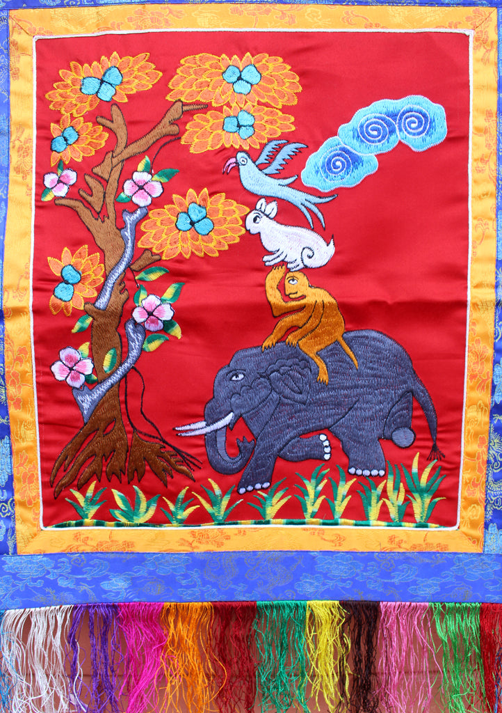 Four Harmonious Friends Embroidered Brocade Framed Wall Hanging - nepacrafts