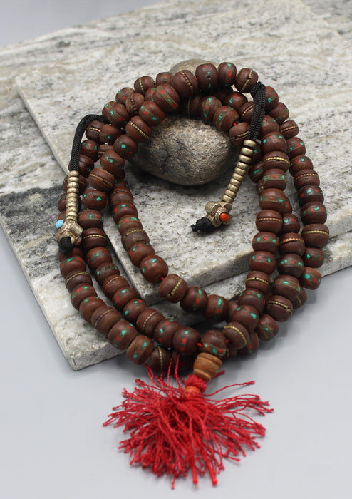 Inlaid Turquoise and Coral Bodhi Seed Tibetan Prayer Mala