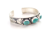 Turquoise Inlaid Filigree Pattern Tibetan White Metal Bracelet - nepacrafts
