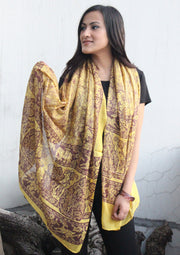 Yellow and Marron Cotton Summer Scarf with Flower Print - nepacrafts