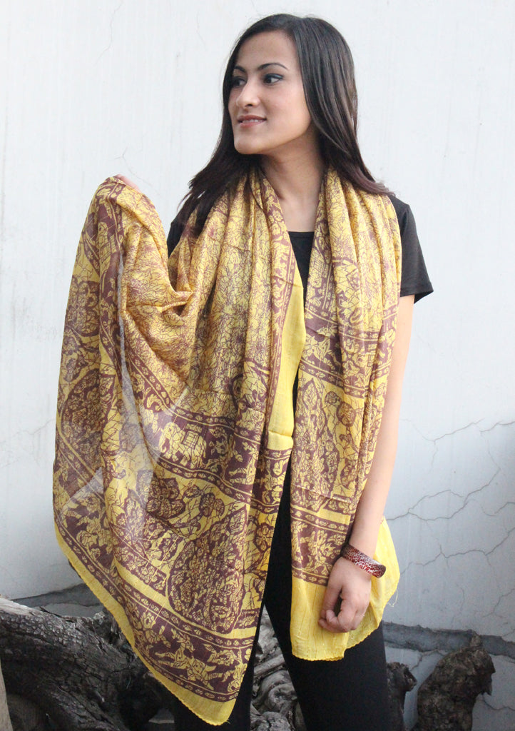 Yellow and Marron Cotton Summer Scarf with Flower Print - nepacrafts