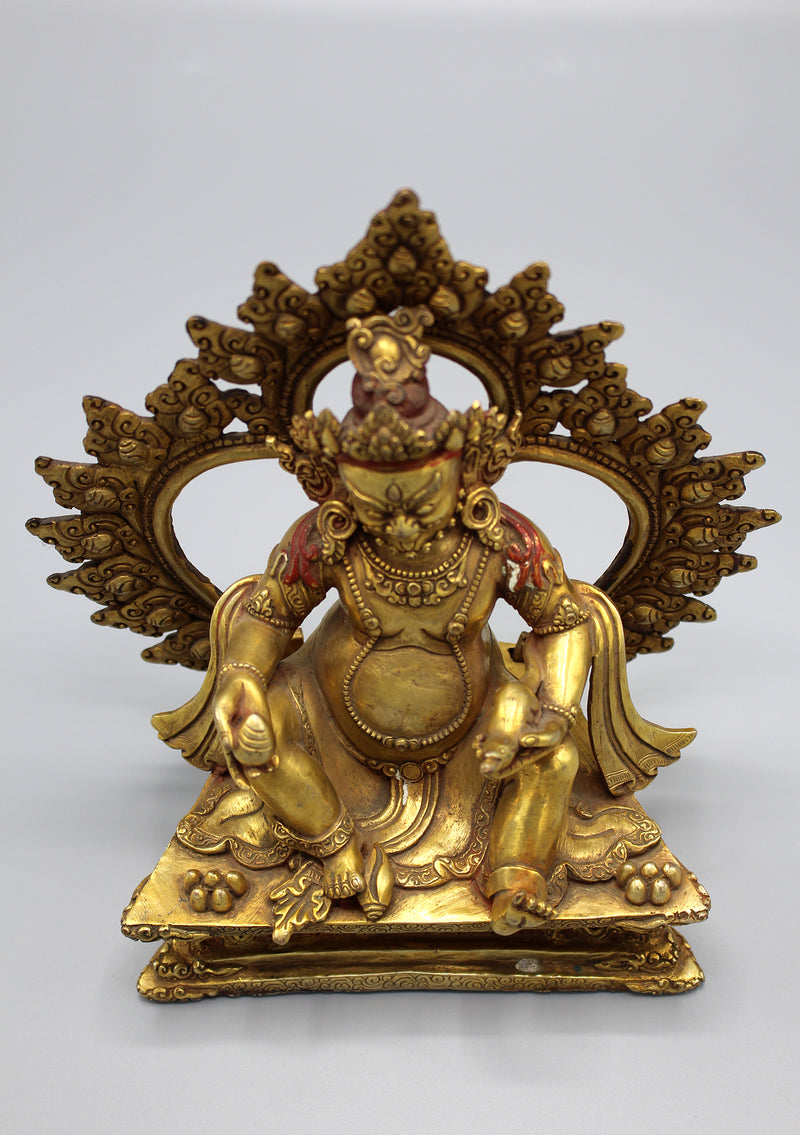 Gold Plated Kubera Zambala Statue in a Throne - nepacrafts