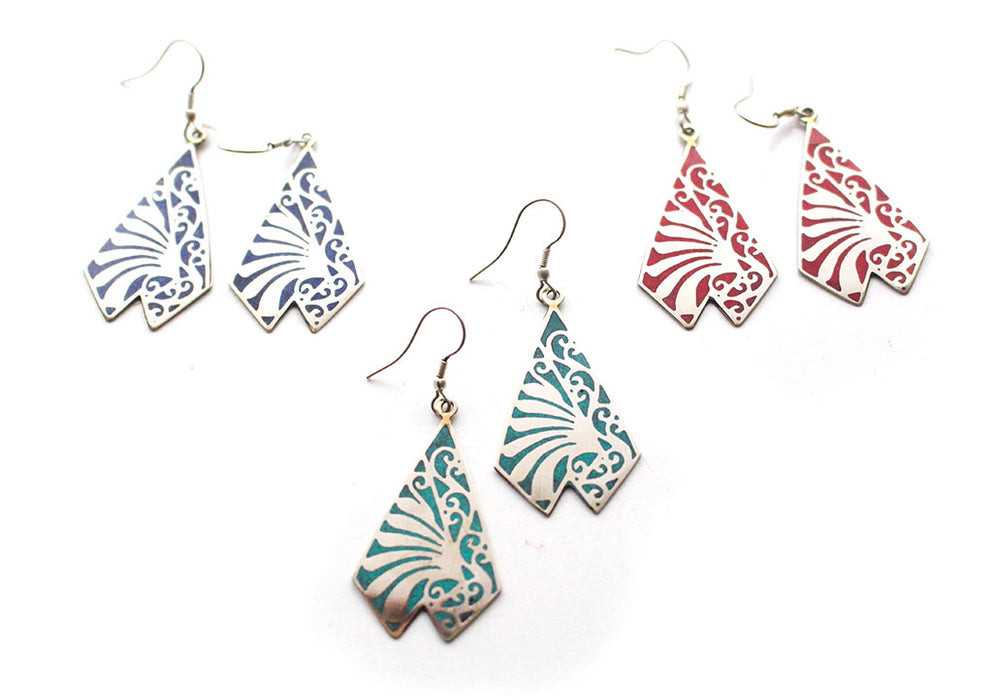 Triangle Shaped Inlaid White Metal Dangle Earrings - nepacrafts