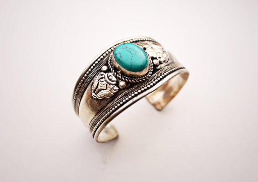Turquoise Inlaid White Metal Tibetan Cuff Bracelet - nepacrafts