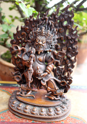 Skillfully Handcarved Mahakala Statue with Flames 8" High - nepacrafts