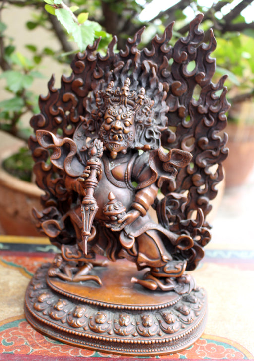 Skillfully Handcarved Mahakala Statue with Flames 8" High - nepacrafts