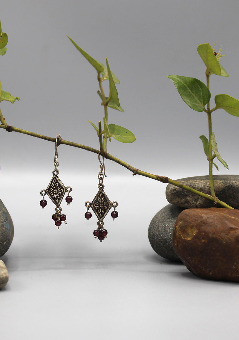 Flower Carving with Amethyst Beaded Sterling Silver Earrings