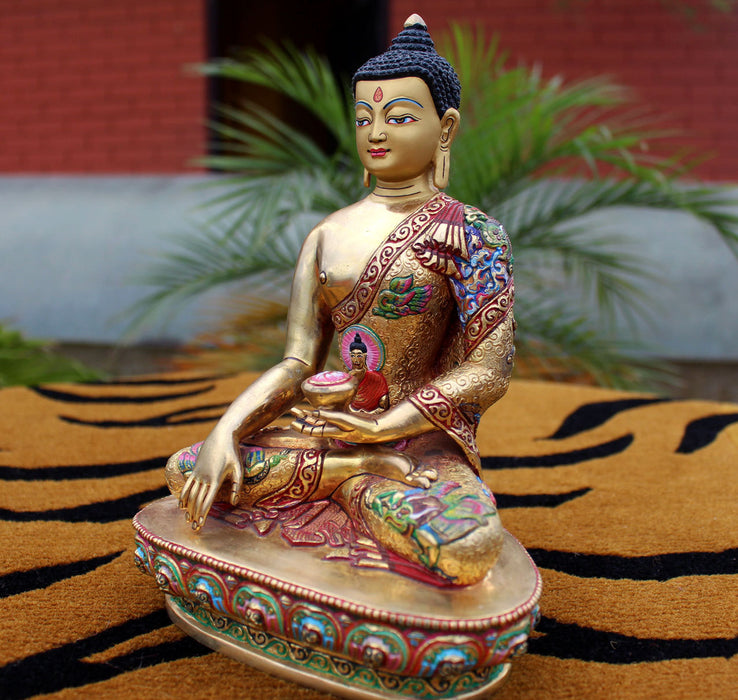 Gold Plated Dragon Carved Monastic Shakyamuni Buddha Statue 8.5" - nepacrafts
