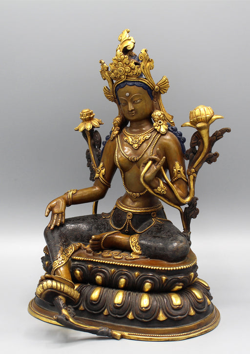 Green Tara Partly Gold Plated Statue - nepacrafts