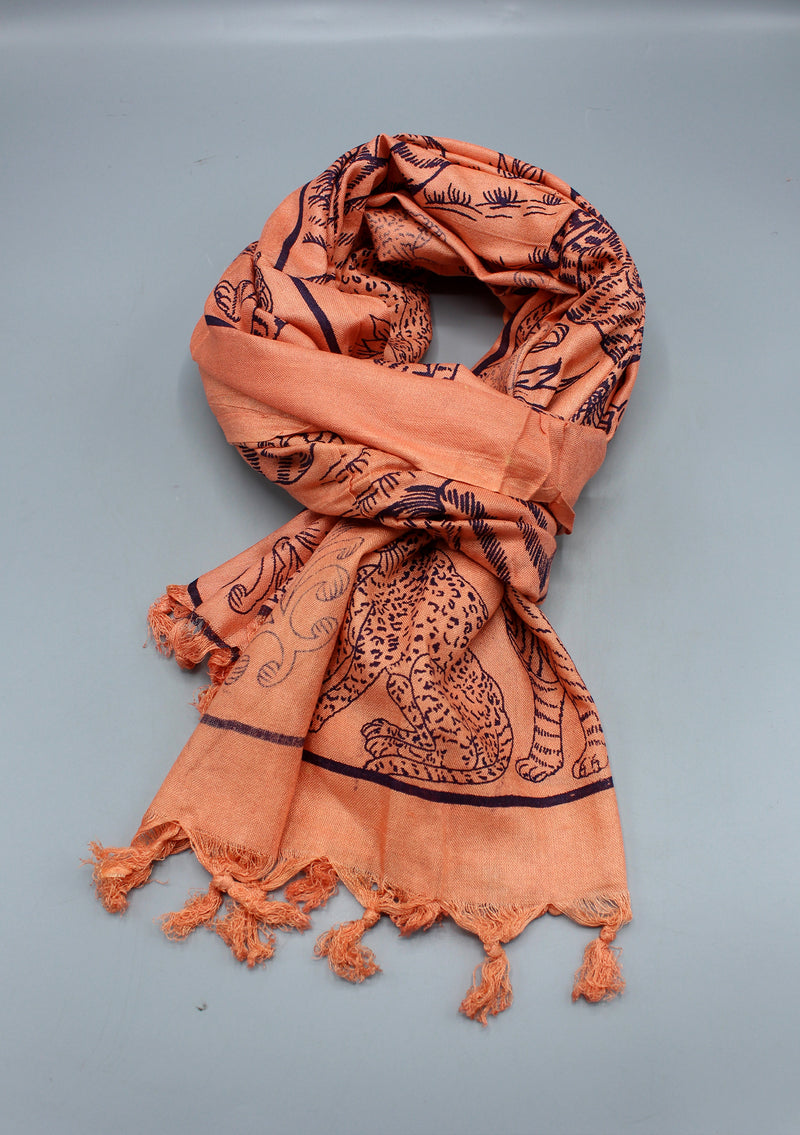 Pure Cotton Wildlife  Tiger Printed Orange Shawl with Furka