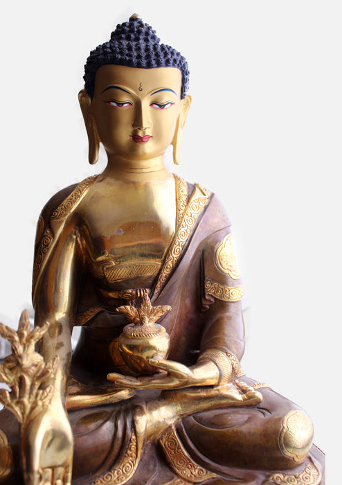 Gold Plated 17" Medicine Buddha Statue, Flower Carved and Double Lotus - nepacrafts